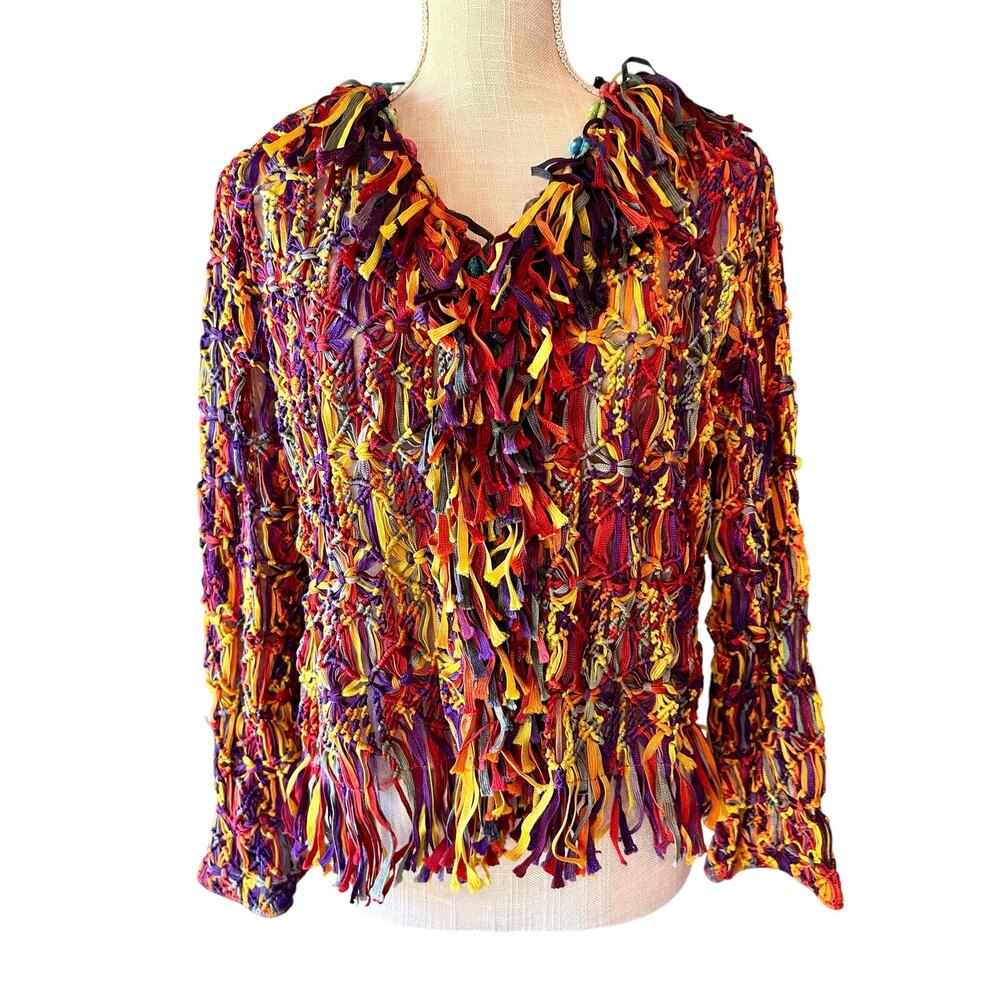 Sandy Starkman Fringe Ribbon Jacket Top Cowrie Shell Boho Festival Artwear L - Picture 2 of 9